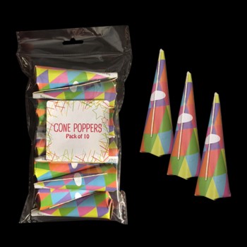 Pack of 10 Party Poppers - Multi Coloured Cone